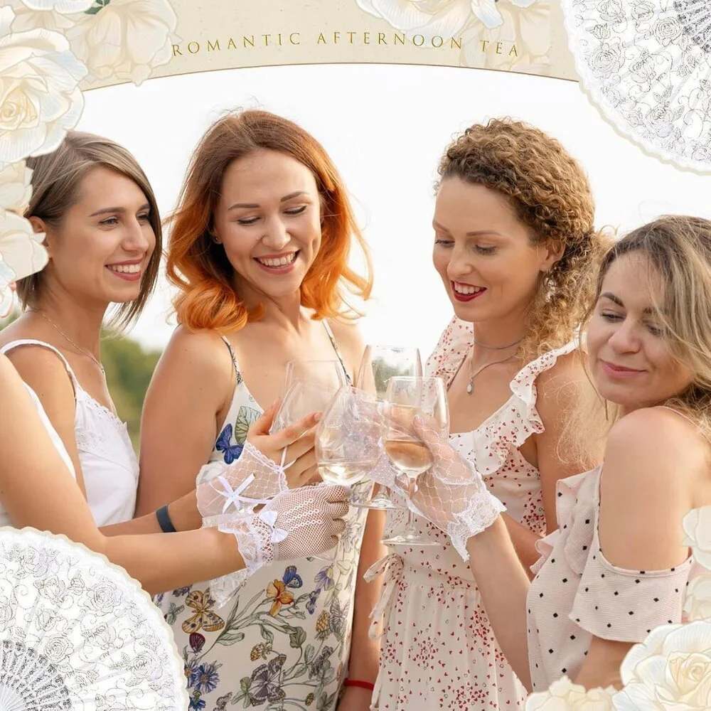 Vintage Lace Gloves 6 Pairs and Rose Hand Fans Set Elegant Wedding Party